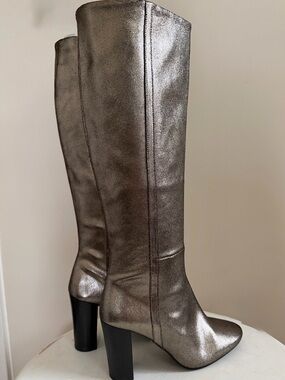New-Boden pewter Metallic knee high block heel boots in 38-7 US